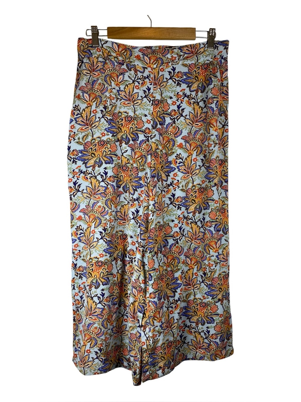 TAHARI Wide Leg Boho Pants Elastic Back Light Blue Floral Paisley Rayon L